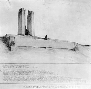 A black and white drawing of a white limestone memorial built on the top of a hill. The memorial has a large front wall with rising steps on each end. Two large pylons of stone rise from a platform at the top of the wall.