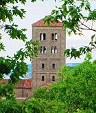 The tower of the Cloisters, as seen from Linden Terrace