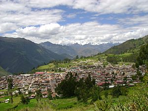 The town Chiquián with the Huayhuash mountain range in the background