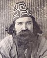 Face detail, "Ainu leader." Department of Anthropology, Japanese exhibit, 1904 World's Fair (cropped)