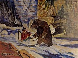 Gladys Johnston painting titled Man in Canoe and Grizzly, 1960's