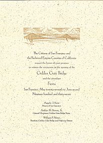 Invitation to Golden Gate Bridge opening, 1937