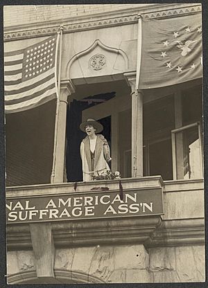 Miss Jeannette Rankin, of Montana, speaking from the balcony of the National American Woman Suffrage Association, Monday, April 2, 1917. LOC