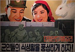North Korean propaganda poster - Breed more rabbits and let our soldiers enjoy plentiful food!