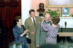 President Reagan and Nancy Reagan present Pianist Vladimir Horowitz with the Medal of Freedom in the Roosevelt room