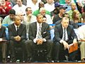Rivers (center) sits on the sidelines with assistant coaches Tom Thibodeau (right) and Armond Hill (left) in Game 4 of the 2008 NBA Playoffs against the Atlanta Hawks