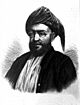 A black-and-white sketch of a man with a dark beard wearing glasses, a turban, a dark jacket, and a white shirt all in front of a white background