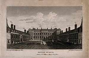 The British Museum at Montague House; the courtyard. Engravi Wellcome V0013502