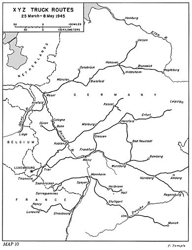 Truck routes in use by the US Army, 25 March - 8 May 1945