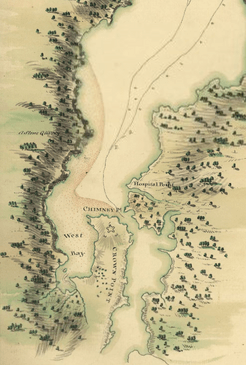 A section of a 1779 map of Lake Champlain showing Chimney Point and Crown Point
