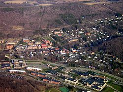 Aerial view of Alfred village, taken April 2006. Alfred State College is near the bottom of the photo, and at the upper-middle is Alfred University.