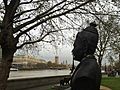 Bronze bust of Basaveswara on Albert Embankment in London, facing Parliament