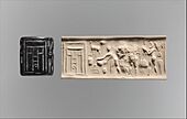 Cylinder seal and modern impression- ritual scene before a temple facade MET DP270679