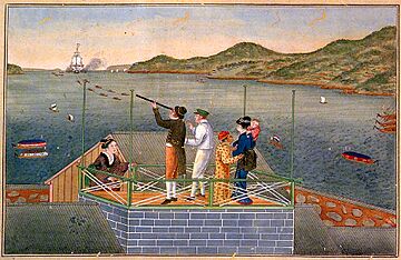 Dutch personnel and Japanese women watching an incoming towed Dutch sailing ship at Dejima by Kawahara Keiga