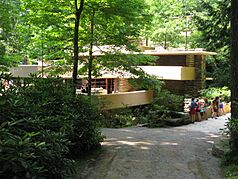 A view of the bridge leading to the entrance of Fallingwater, as seen from across the Bear Run stream. The bridge is at right, and Fallingwater is to the left.