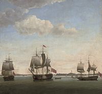 Francis Holman, Commodore James in the Protector, with the Revenge and the grab Bombay in the bay off the fort at Gheriah, India, April 1755 (18th century)