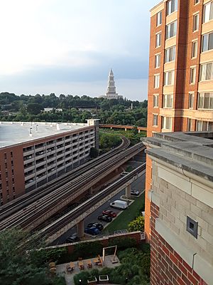 George Washington Masonic National Memorial and Blue Line Metro Rails in Alexandria, VA