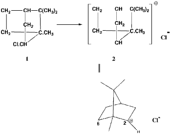 Isobornyl chloride giving a carbocation. Meerwein's representation is top, the modern view on the bottom
