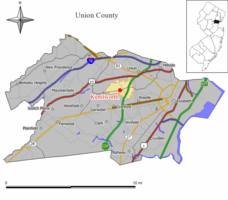 Map of Kenilworth in Union County. Inset: Location of Union County highlighted in the State of New Jersey.