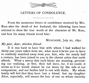 Letter of condolence to Mrs. William Potter Ross on the death of her husband