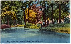image of a postcard depicting Licking Run Creek, Memorial Park, Quakertown, Pa.