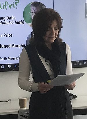 Mererid Hopwood, Cadeirydd y cyfarfod Dyfodol i’r Iaith, Yr Egin, Caerfyrddin (cropped).jpg