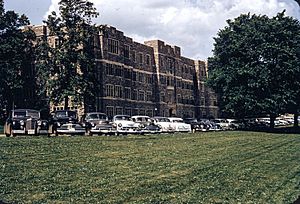 Patton Hall and cars at Virginia Tech, ca 1952