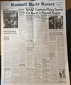 Roswell Daily Record. July 8, 1947. RAAF Captures Flying Saucer On Ranch in Roswell Region. Full front page