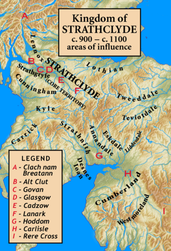The core of Strathclyde is the strath of the River Clyde. The major sites associated with the kingdom are shown, as is the marker Clach nam Breatann (English: Rock of the Britons), the probable northern extent of the kingdom at an early time. Other areas were added to or subtracted from the kingdom at different times.