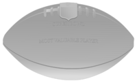 An illustration of a silver football-shaped trophy with the phrases "SUPER BOWL" and "MOST VALUABLE PLAYER" in the middle.