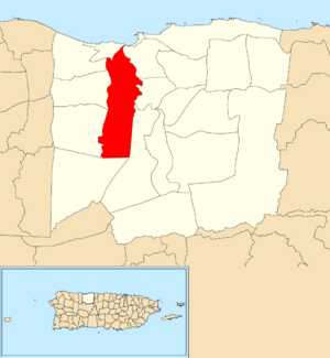 Location of Tanamá within the municipality of Arecibo shown in red