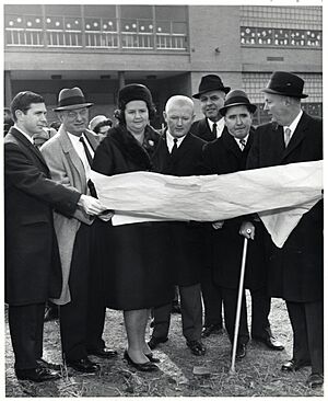 Unidentified men and Louise Day Hicks with Mayor John F. Collins (10695720945)