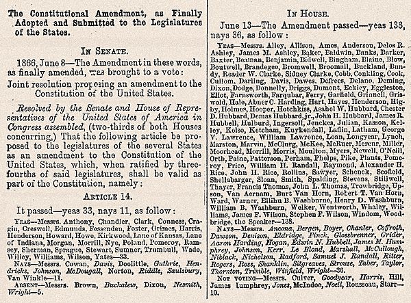 14th Amendment Senate & House votes June, 1866