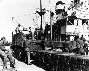 80-G-247134 Dutch coaster, Theseus, unloads ammunition at port of Roscoff