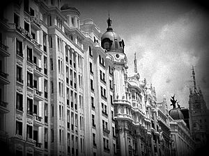 A Black and White Photo of the the Gran Vía in Madrid Spain