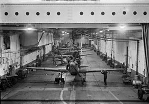 Aircraft in hangar of HMS Argus (I49) c1942