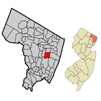 Map highlighting Bergenfield's location within Bergen County. Inset: Bergen County's location within New Jersey