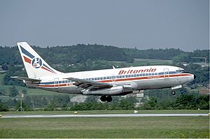 Britannia Airways Boeing 737-200 at Zurich Airport in May 1985