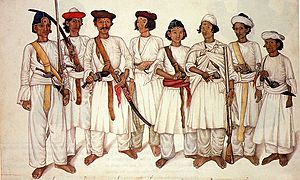 Eight Gurkha men depicted in a British Indian painting, 1815