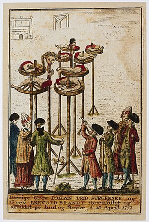 Forrige Grev Iohan Frid. Struensee og Grev Enevold Brandt forreffillet og afbildet po hiul og Steyler d. 28 Aprill 1772
