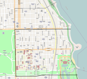 The official Hyde Park community area (bold black) and the unofficial Hyde Park-Kenwood neighborhood extending into the official Kenwood community area (thin black).