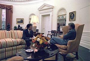 Jimmy Carter meets with Jack Watson, cabinet secretary, in the Oval Office - NARA - 176952
