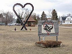 Sign and sculpture entering McClusky on Highway 200