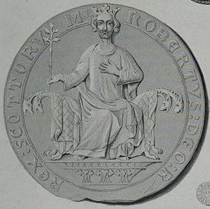 Robert the Bruce seal and coins (cropped to show Robert saat on throne from seal)