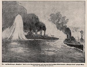 The English cruiser HMS Amphion strikes a mine in the Thames estuary 1914