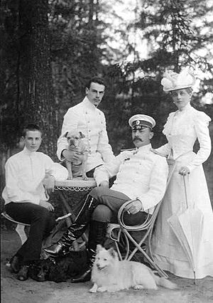 The Yusupov family. Prince Felix, Prince Nicholas, Count Felix Felixovich Sumarkov-Elston and Princess Zinaida