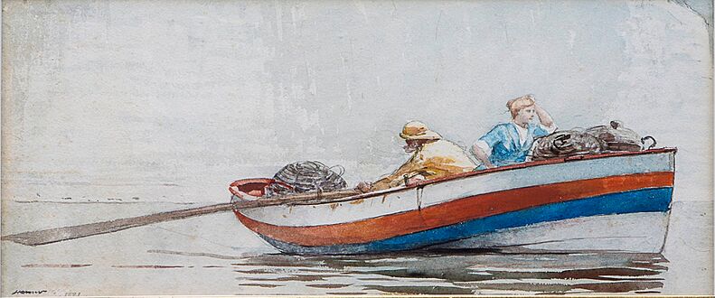 Winslow Homer - Fisherman and Girl in a Rowboat Streaked Red, White and Blue (1881)