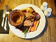 A roast lamb dinner at Black Horse Inn, Nuthurst, West Sussex England