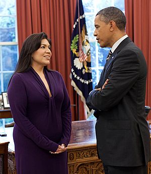 Barack Obama and Kimberly Teehee, 2012-04-27 (cropped)