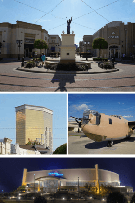 From top, left to right: Central plaza of the Louisiana Boardwalk, the Horseshoe Hotel and Casino, B-24J Liberator at Barksdale Air Force Base, CenturyLink Center